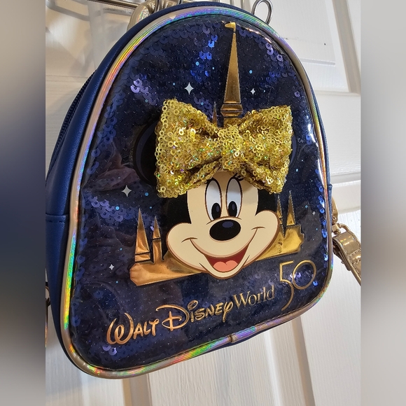 Walt Disney World Minnie Mouse 50th Anniversary Backpack Crossbody Bag Blue/Gold - Picture 4 of 9